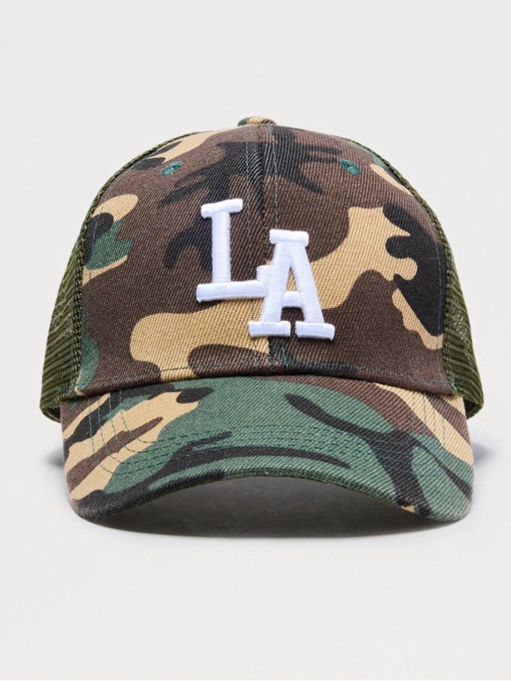Fashion Nova Camo LA Logo Trucker Hat - Green, Brown, Tan